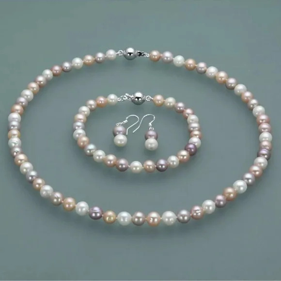 8-9mm Multi Color Freshwater Pearl Necklace Bracelet Dangle Earrings SET - Picture 3 of 5